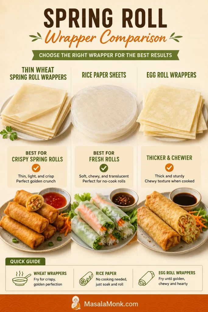 A comparison of thin spring roll wrappers, rice paper sheets, and thicker egg roll wrappers.