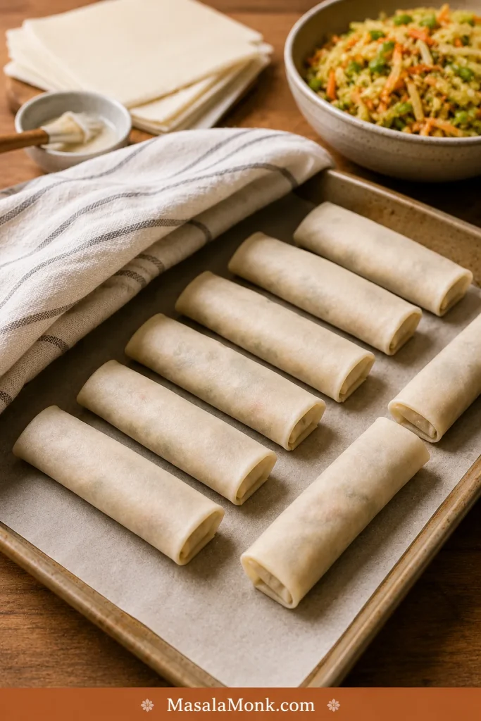 Uncooked spring rolls arranged seam-side down on a tray with wrappers and filling nearby.