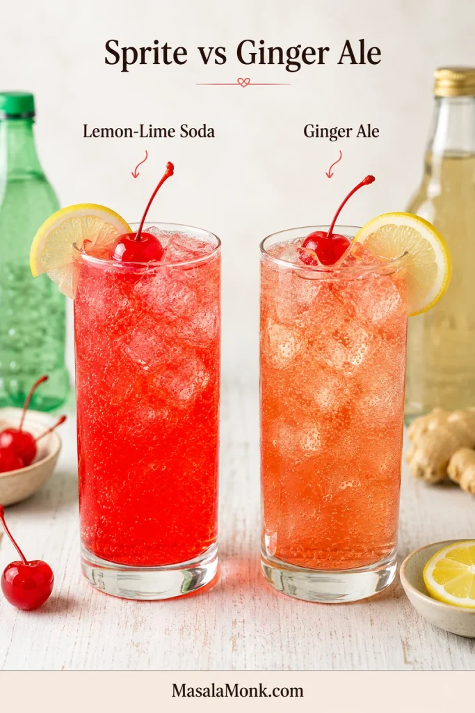 Two Shirley Temple drinks side by side comparing a lemon-lime soda version with a ginger ale version.