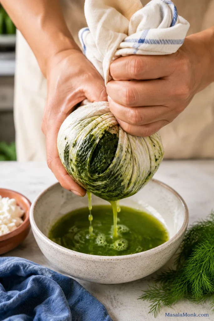 Hands squeezing spinach in a kitchen towel over a bowl to remove excess liquid.