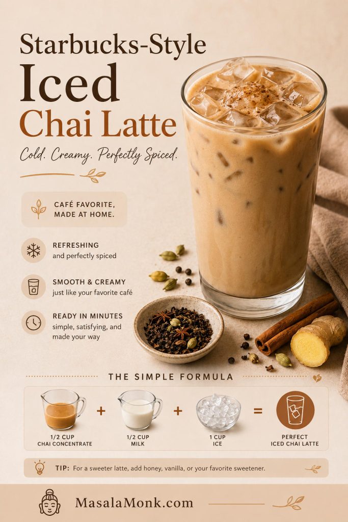 Starbucks-style iced chai latte in a tall clear glass with ice, chai concentrate, milk, spice cues, and a homemade formula without any brand logos.