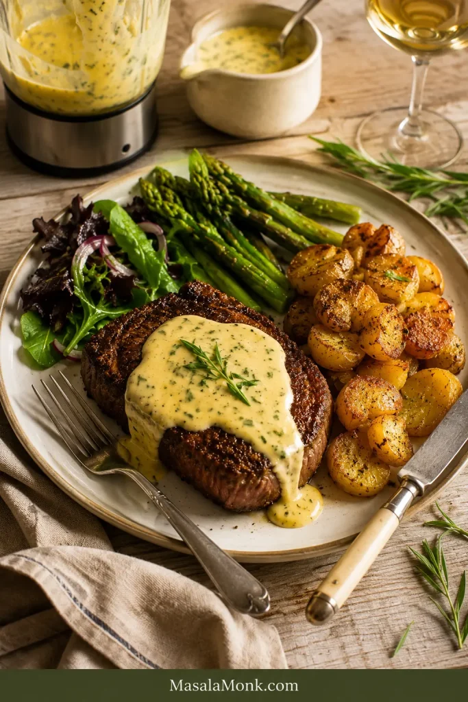Steak dinner plate with béarnaise sauce, roasted potatoes, asparagus, salad greens, a fork, and a knife.