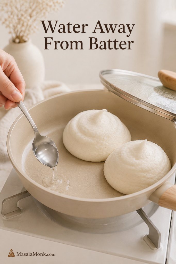 A spoon adding water to the empty space beside Japanese pancake batter in a pan.