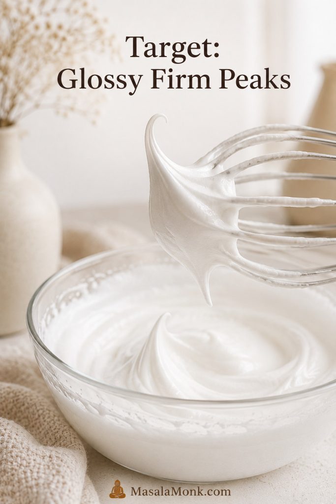 Glossy stiff meringue peak lifted from a bowl with a mixer beater.