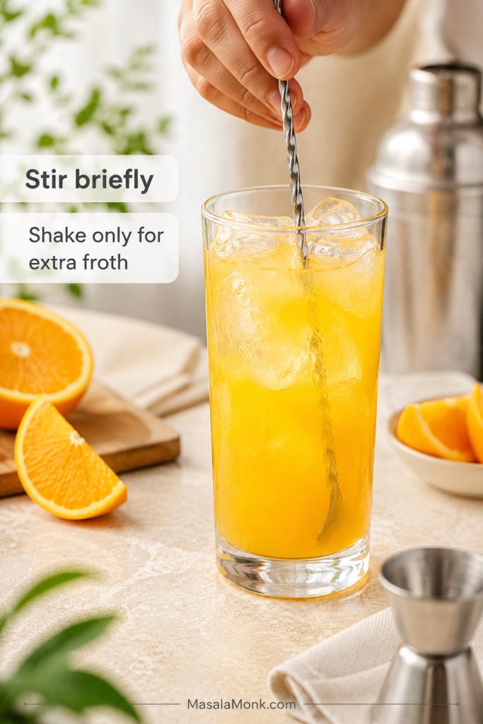 Bar spoon stirring an orange Screwdriver cocktail in a tall highball glass with a cocktail shaker blurred in the background.