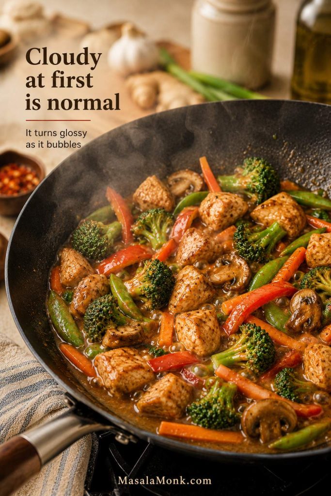 Wok of chicken and vegetables with cloudy brown sauce bubbling around the food and text reading “Cloudy at first is normal.”