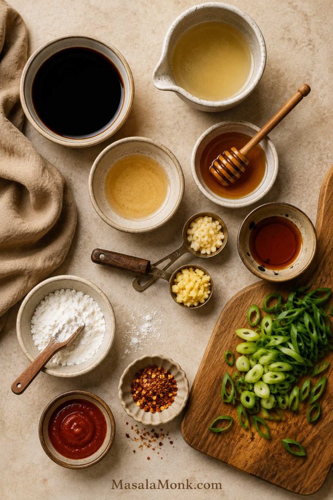 Overhead flat-lay of stir fry sauce ingredients including soy sauce, broth, rice vinegar, honey, sesame oil, garlic, ginger, cornstarch, chili, and scallions.
