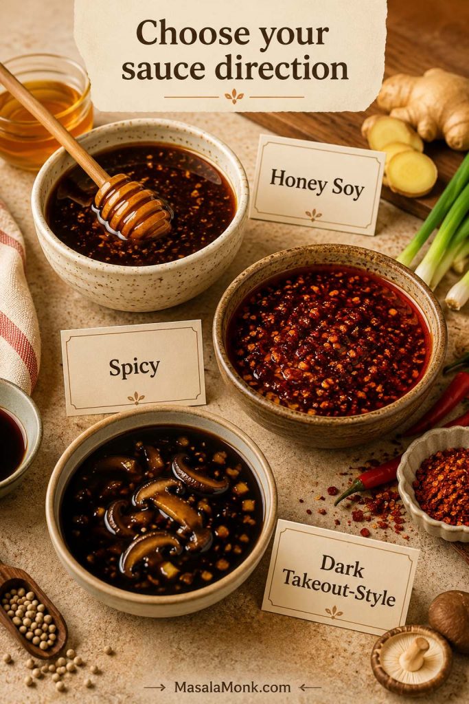 Three labeled bowls of stir fry sauce showing Honey Soy, Spicy, and Dark Takeout-Style variations with honey, chilies, mushrooms, ginger, and scallions nearby.