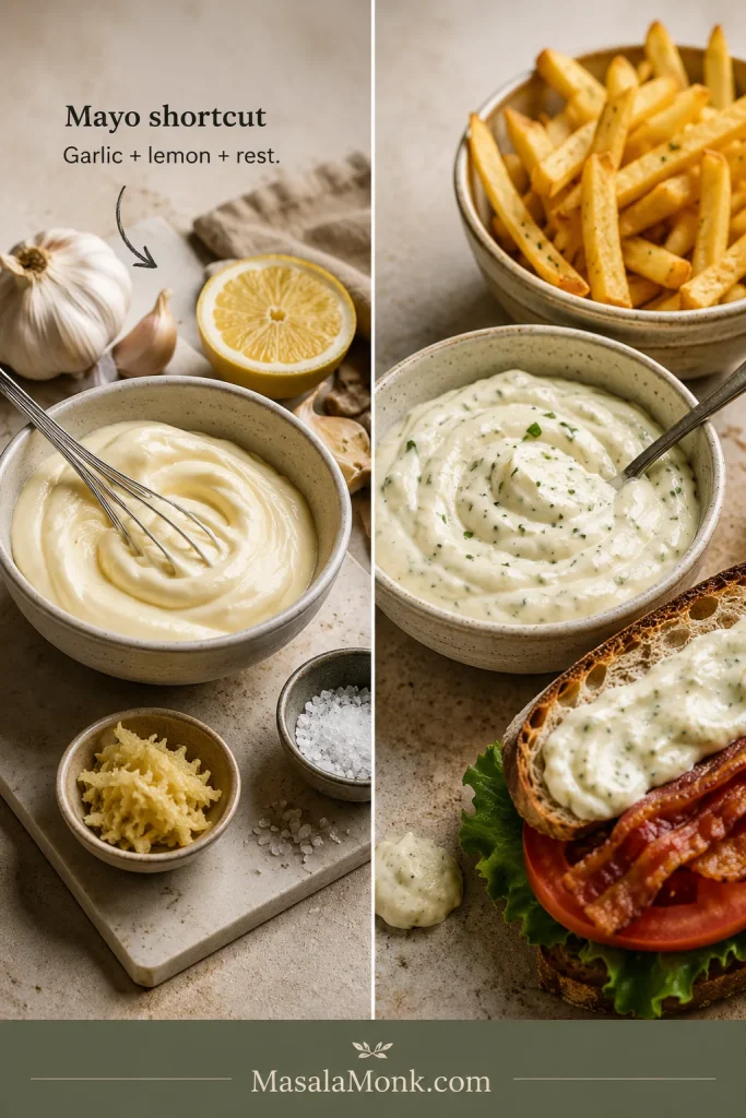 Split scene showing plain mayonnaise with garlic and lemon on one side and finished garlic aioli with fries and a sandwich on the other.