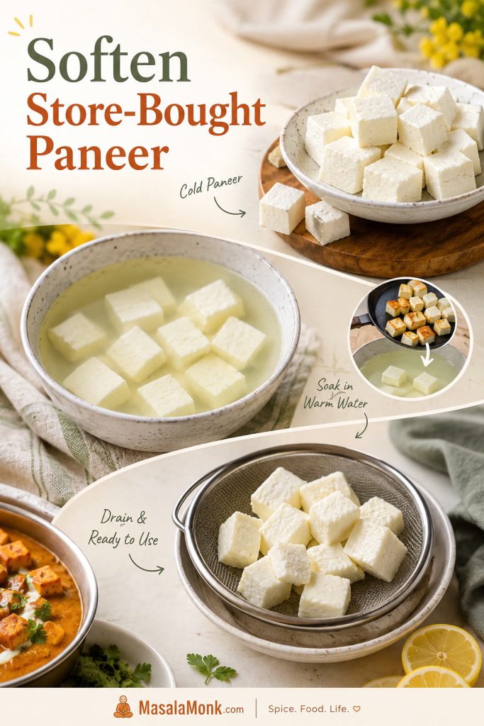 Store-bought paneer cubes shown cold, soaking in warm water, and drained after softening.