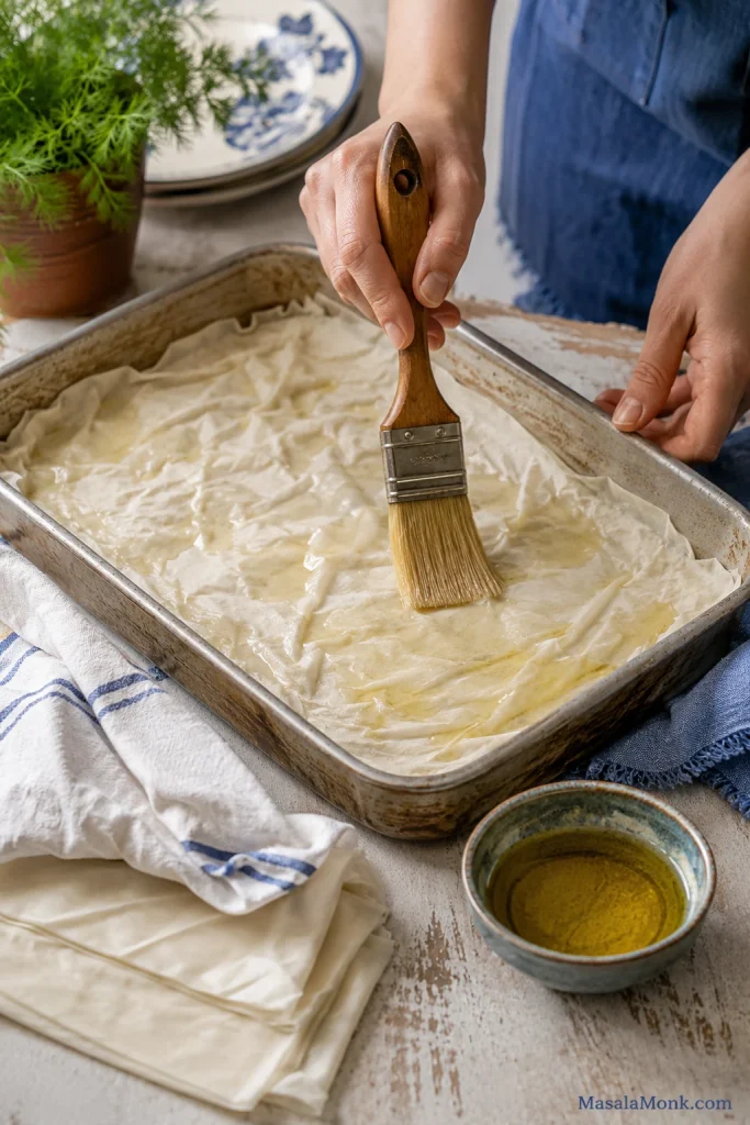 Hands brushing oil over a wrinkled sheet of phyllo pastry inside a rectangular baking pan.