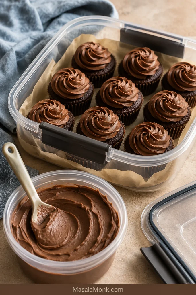 Frosted chocolate cupcakes stored in a covered container beside extra chocolate cream cheese frosting.