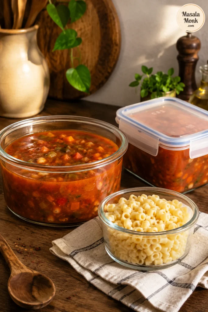 Glass containers of minestrone soup base and a separate bowl of cooked small pasta for storing and freezing.