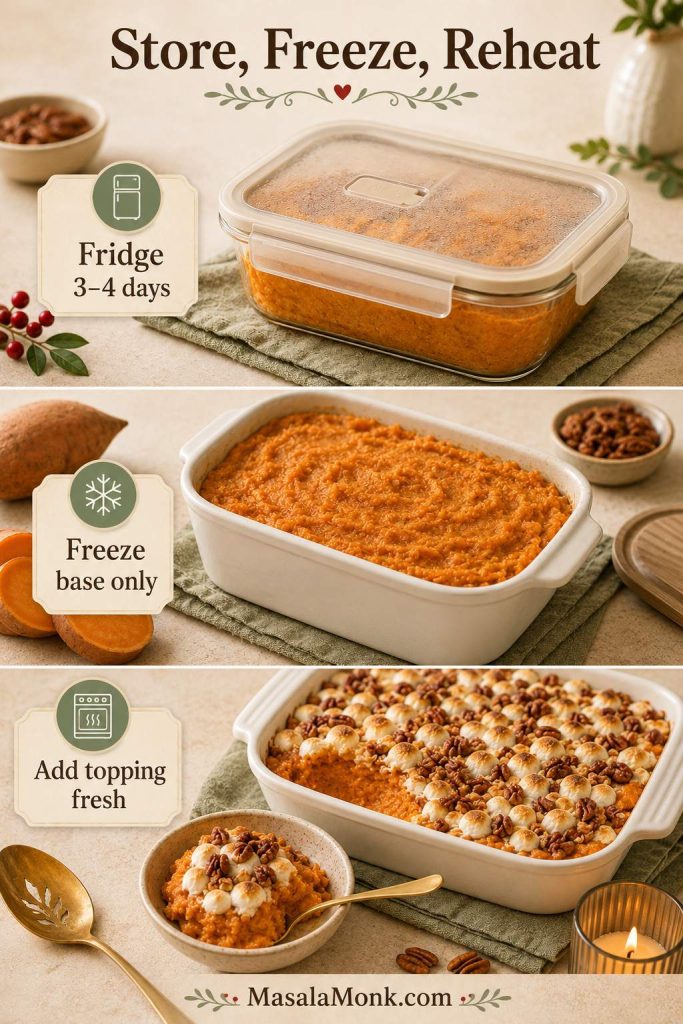 Storage guide for sweet potato casserole showing fridge storage for 3 to 4 days, freezing the base only, and adding fresh topping after reheating