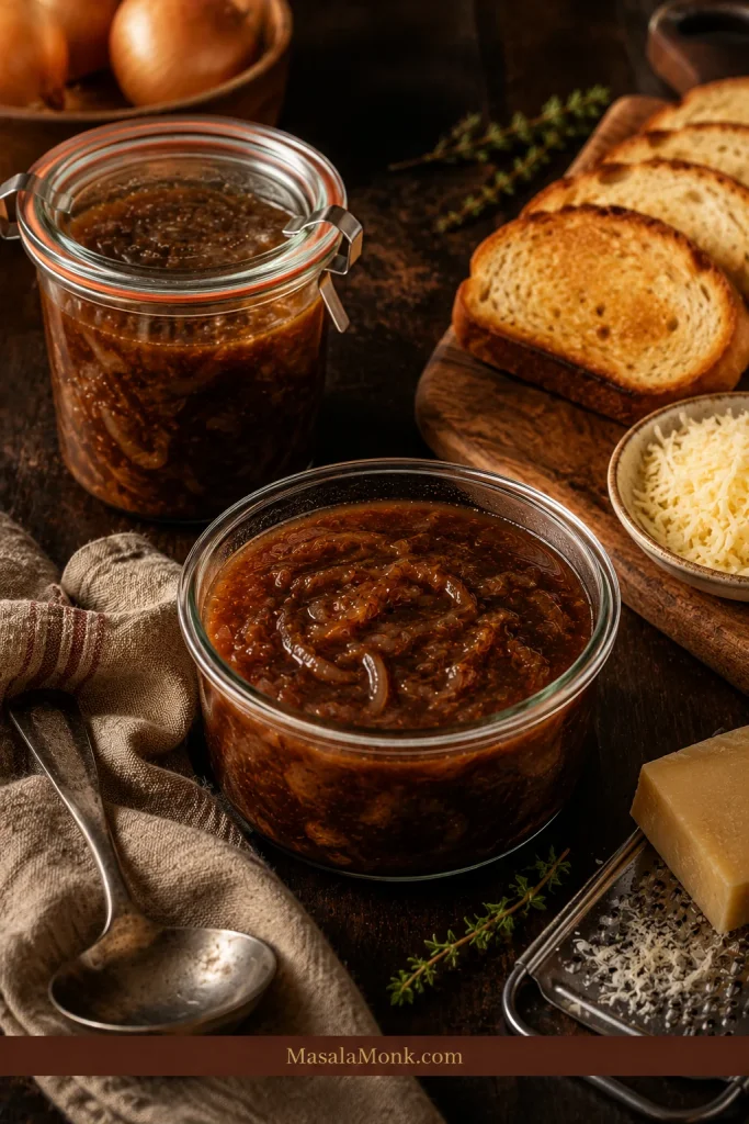 French onion soup base stored in glass containers with toasted bread and cheese kept separate.