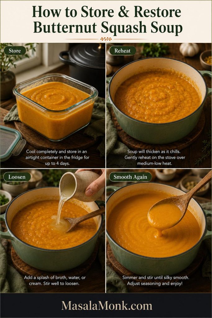 Four-panel guide showing butternut squash soup in a storage container, thick reheated soup, liquid being stirred in, and smooth soup on a spoon.