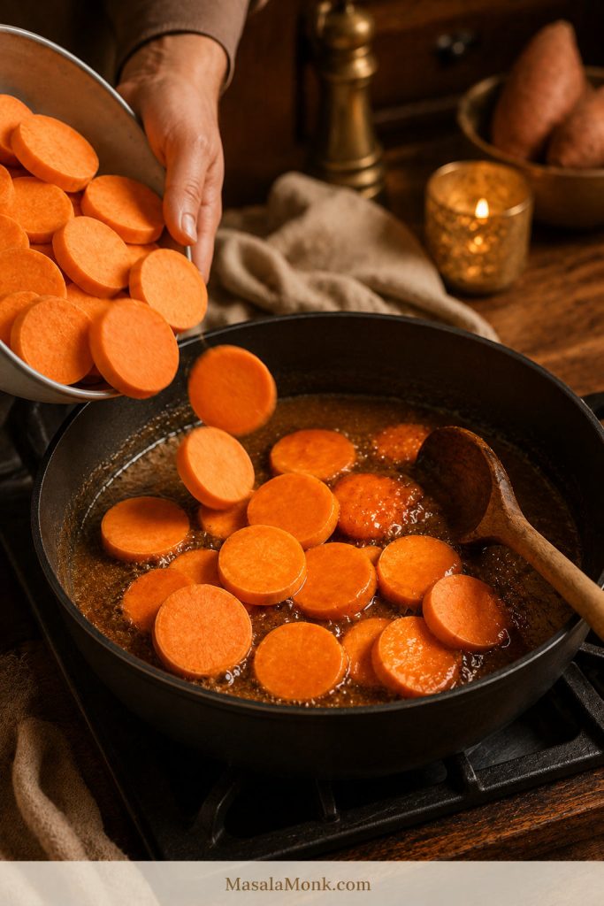 Fresh orange sweet potato slices being added by hand to a dark skillet with a shallow butter and sugar mixture.