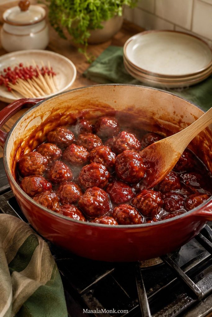 Grape jelly meatballs simmering in glossy red sauce in a red Dutch oven on a stovetop with a wooden spoon.