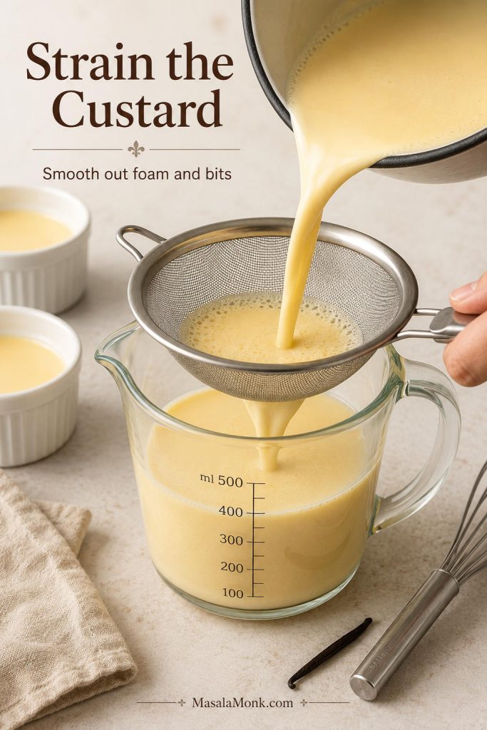 Pale crème brûlée custard being poured through a fine-mesh sieve into a measuring jug.