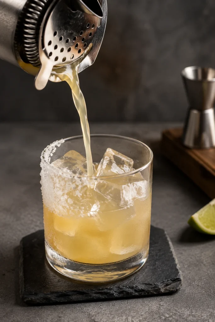 Cadillac Margarita being strained from a cocktail shaker into a half salt-rimmed rocks glass filled with fresh clear ice.