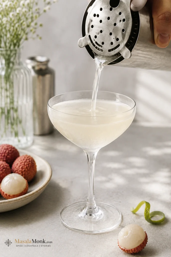Pale lychee martini being strained from a shaker into a chilled cocktail glass.
