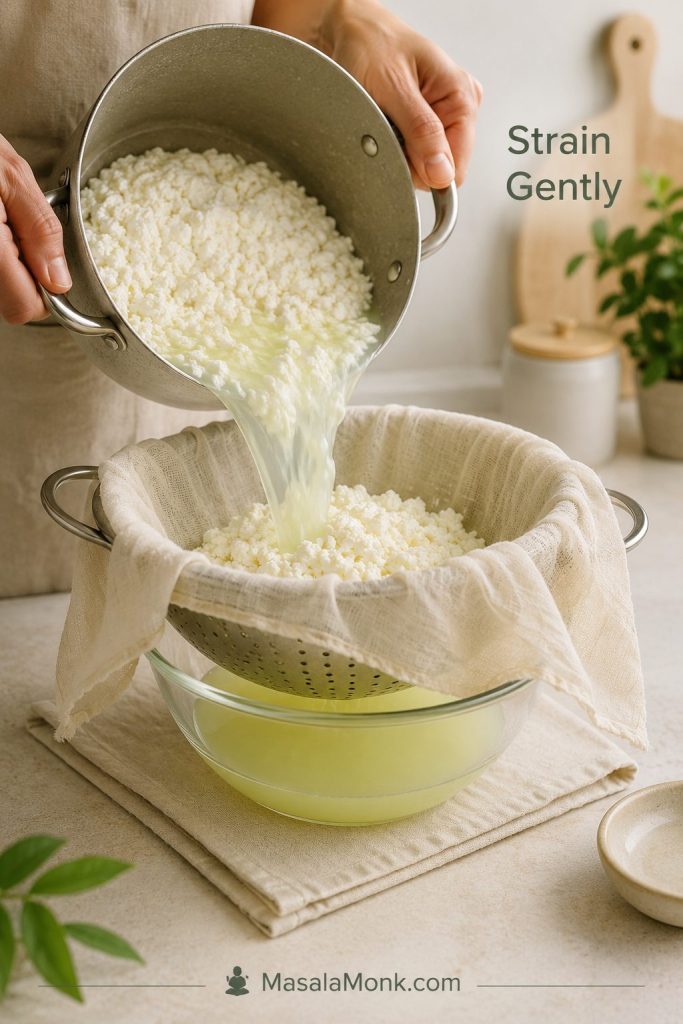 Paneer curds being poured into a muslin-lined colander over a bowl as pale whey drains below.