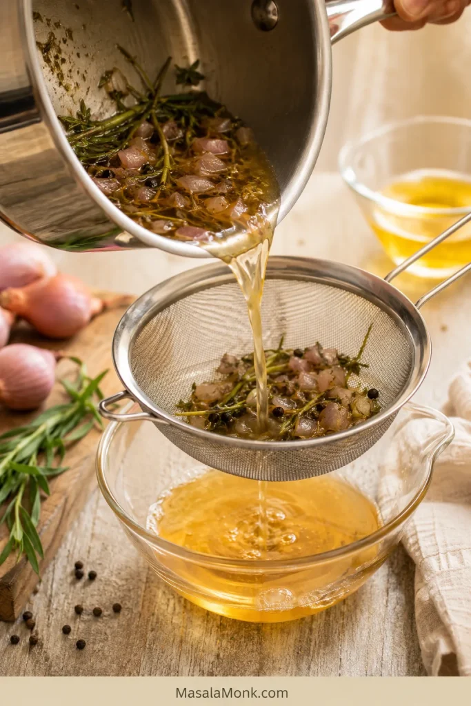 Tarragon reduction being poured through a fine mesh strainer into a small glass bowl, with shallots and herbs caught in the strainer.