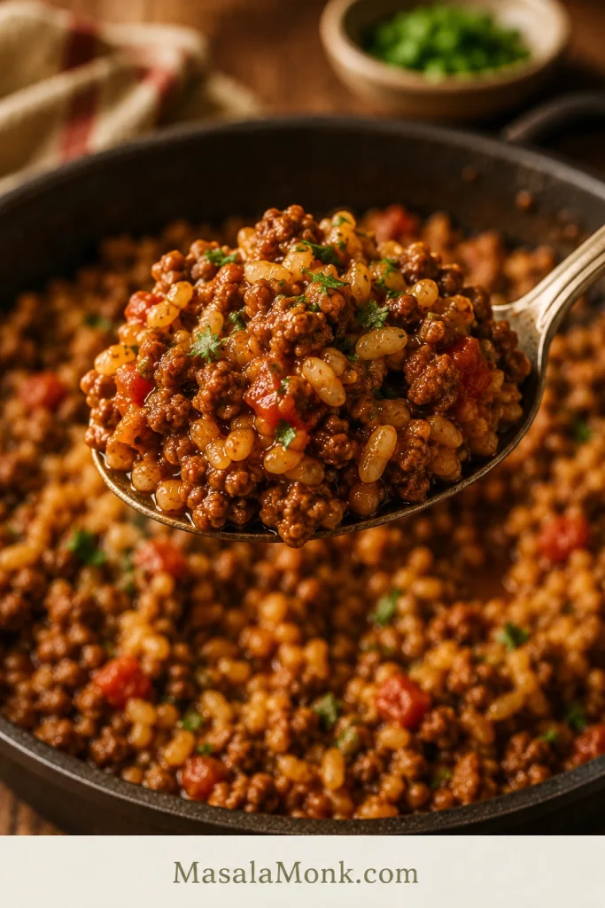 Thick beef and rice filling holding its shape on a spoon above a skillet with no visible liquid pooling