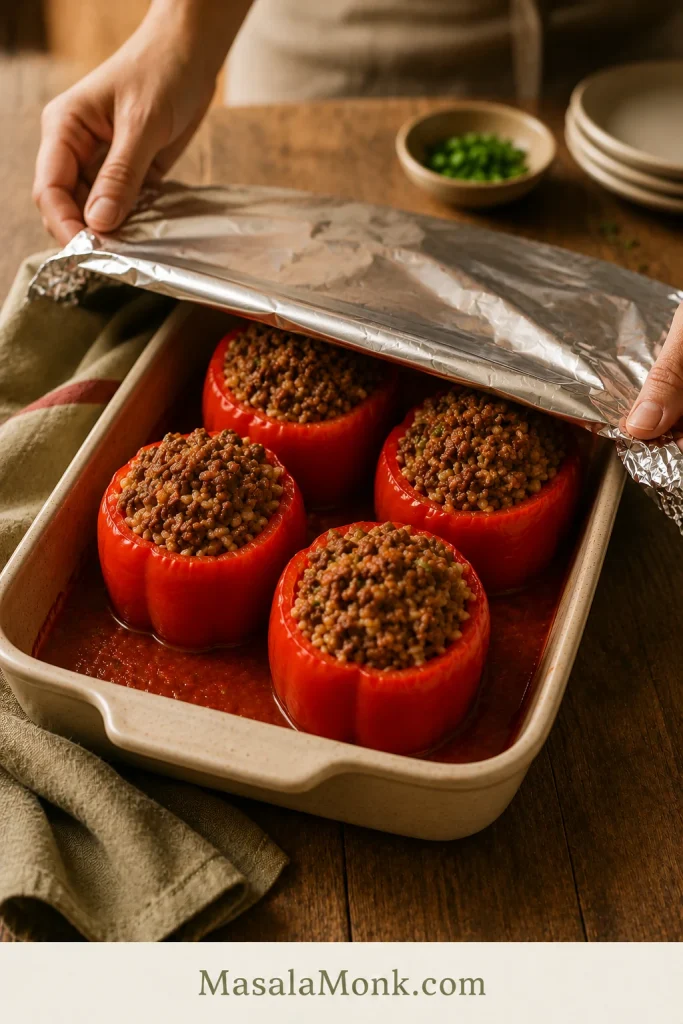 Hands placing foil over a baking dish of stuffed red peppers before baking