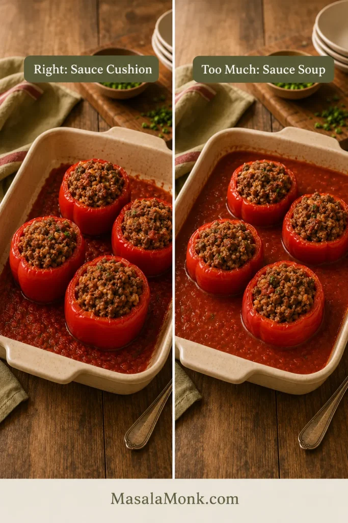 Comparison image showing stuffed peppers in a shallow tomato sauce layer beside peppers sitting in too much sauce