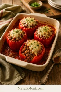 Baked red bell peppers stuffed with ground beef, rice, tomato sauce, and melted cheese in a cream ceramic baking dish