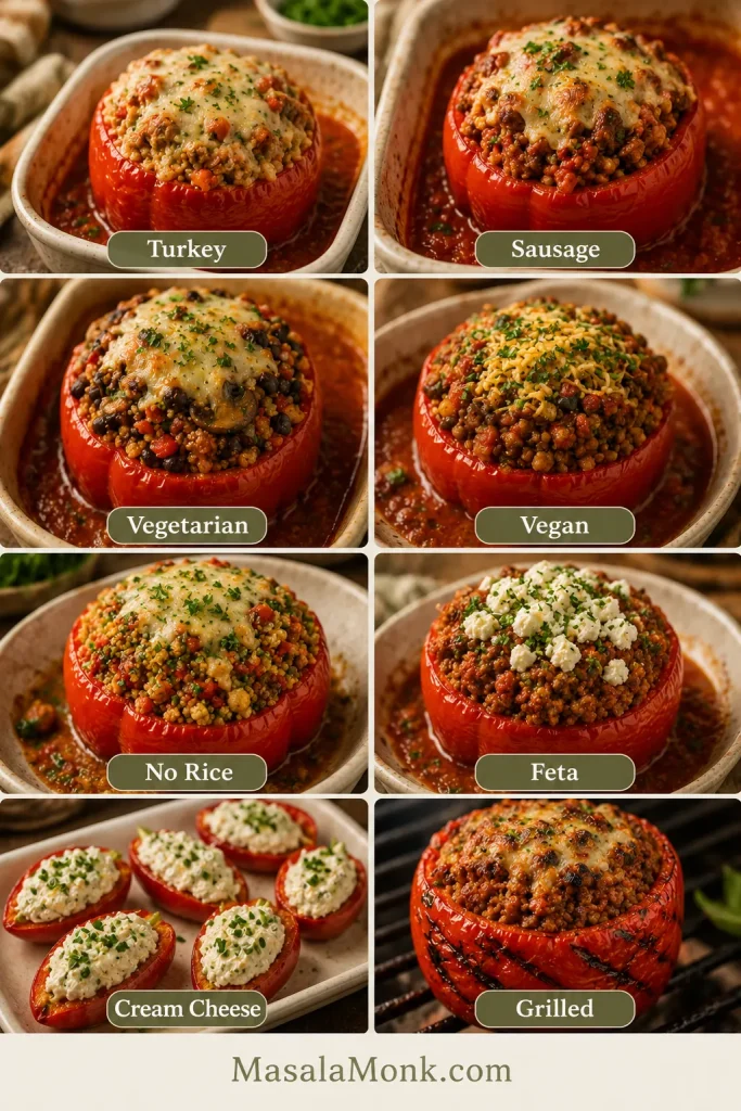 Guide board with stuffed red pepper variations labeled turkey, sausage, vegetarian, vegan, no rice, feta, cream cheese, and grilled