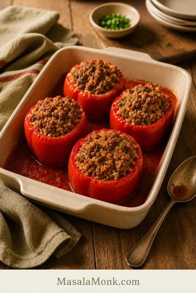 Red bell peppers filled with beef and rice in a baking dish before baking and before cheese is added