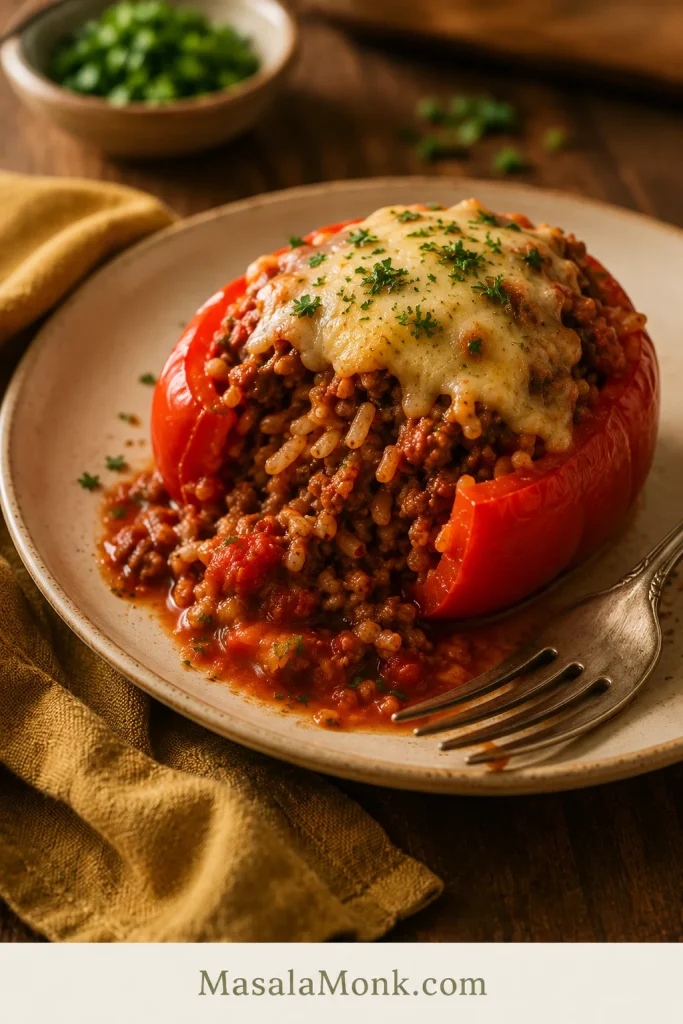 Cut-open stuffed red pepper on a plate with visible beef, rice, tomato sauce, and melted cheese inside