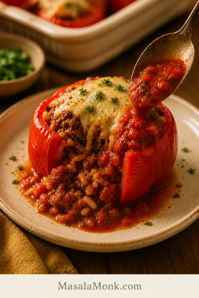 Tomato sauce being spooned over a cut-open stuffed red pepper with beef, rice, and melted cheese