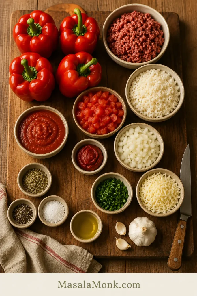 Stuffed red pepper ingredients arranged on a board, including red bell peppers, ground beef, cooked rice, tomato sauce, cheese, onion, garlic, and herbs