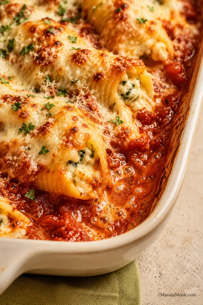 Close-up of baked stuffed shells with bubbling marinara sauce and browned mozzarella at the edge of the baking dish.