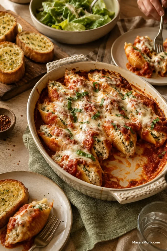 A family-style baking dish of stuffed shells served with garlic bread, salad, plates, and a fork.