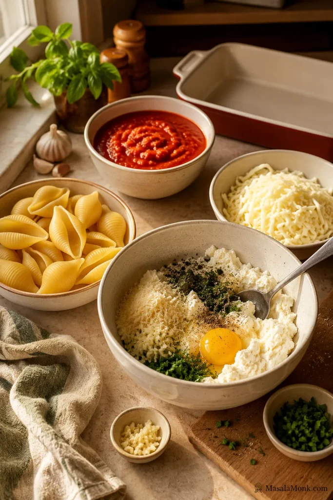 Jumbo pasta shells, ricotta, marinara sauce, mozzarella, parmesan, egg, garlic, herbs, and a baking dish on a kitchen counter.