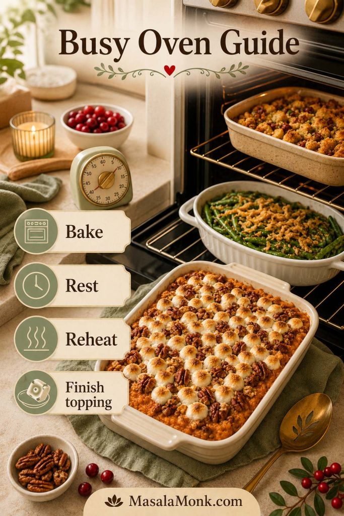 Busy oven guide showing sweet potato casserole with other holiday side dishes and steps to bake, rest, reheat, and finish the topping