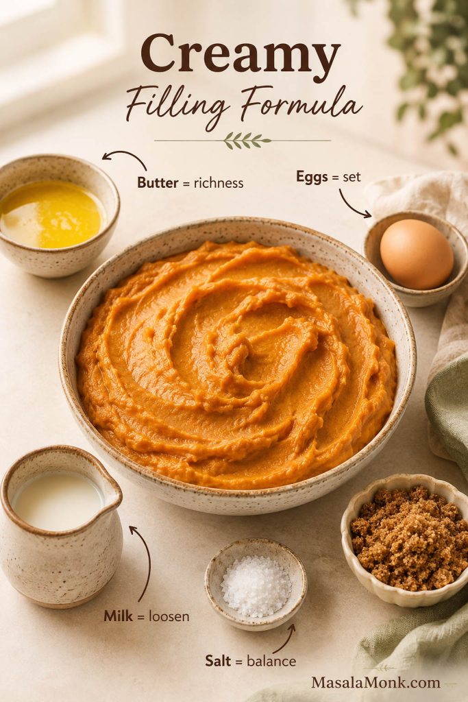 Sweet potato casserole filling formula with mashed sweet potatoes, butter for richness, eggs for set, milk to loosen, and salt for balance