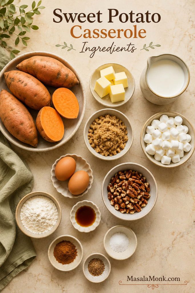 Overhead ingredient spread for sweet potato casserole with sweet potatoes, butter, brown sugar, milk, eggs, vanilla, spices, pecans, flour, and mini marshmallows