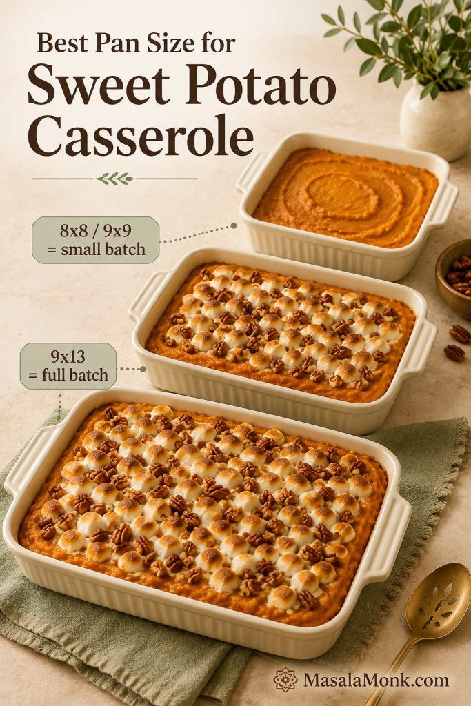 Pan size guide for sweet potato casserole showing small 8x8 or 9x9 dishes and a larger 9x13 dish for a full batch
