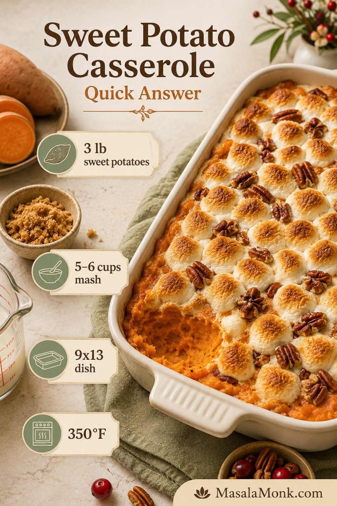 Quick answer guide for sweet potato casserole showing a finished casserole with callouts for 3 pounds sweet potatoes, 5 to 6 cups mash, a 9x13 dish, and 350°F baking temperature