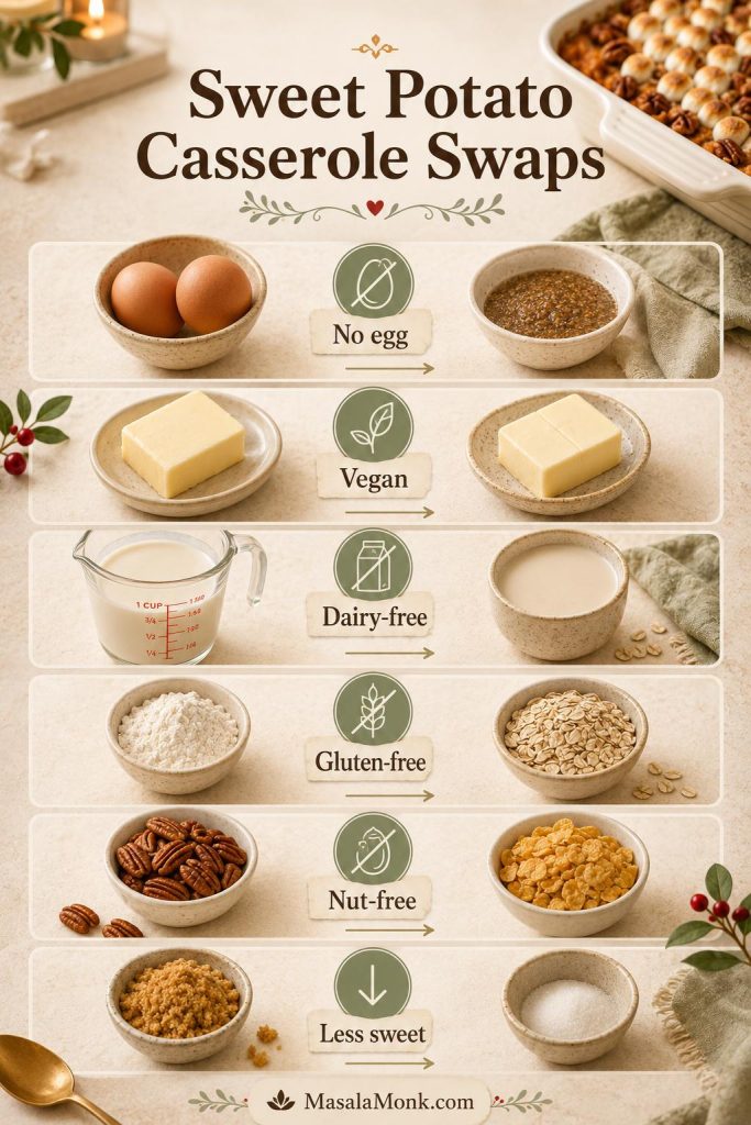 Ingredient swap guide for sweet potato casserole showing no egg, vegan, dairy-free, gluten-free, nut-free, and less sweet options