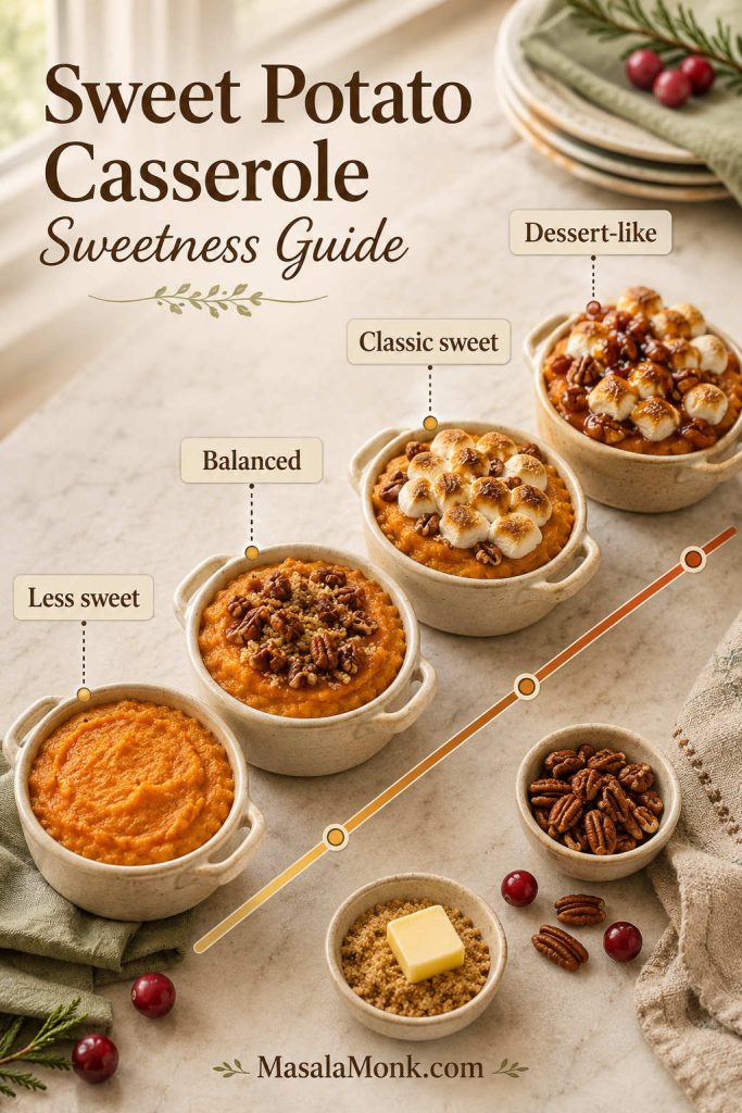 Sweetness guide for sweet potato casserole showing less sweet, balanced, classic sweet, and dessert-like options