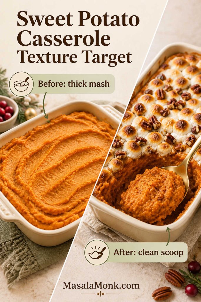 Before and after texture guide showing thick sweet potato mash before baking and a clean scoop of baked casserole after baking