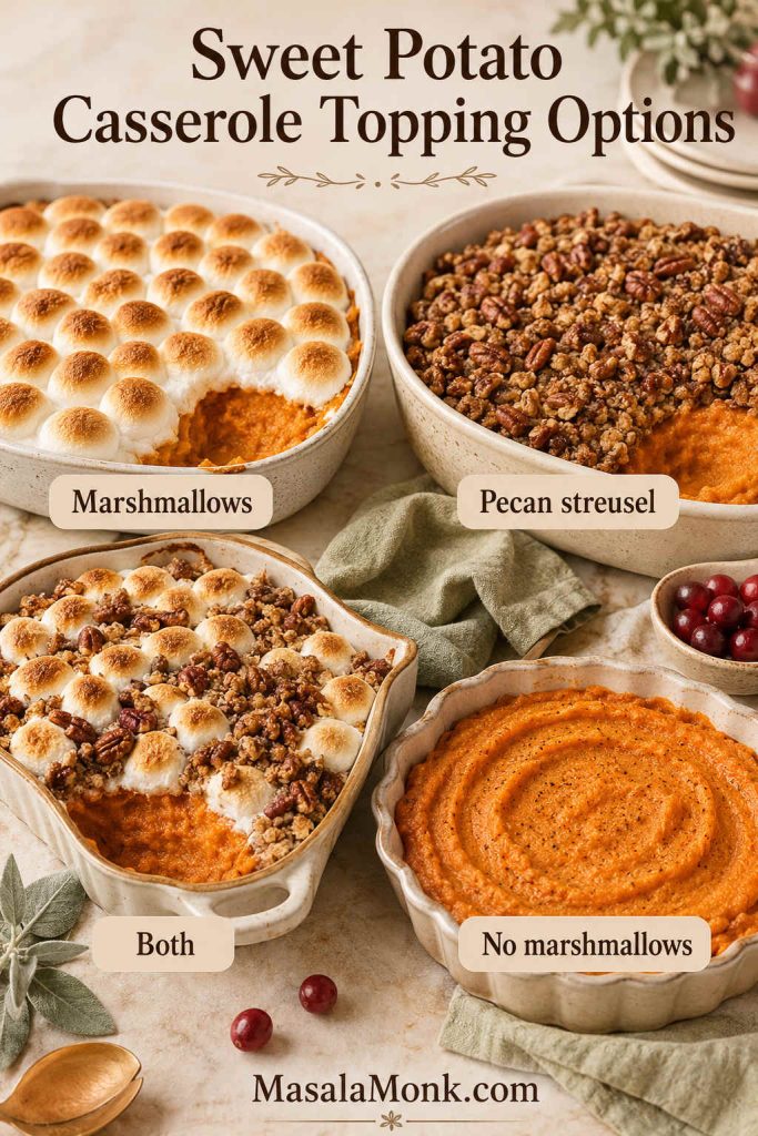 Sweet potato casserole topping options showing marshmallows, pecan streusel, both toppings, and a no-marshmallow version
