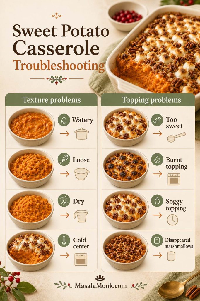 Troubleshooting guide for sweet potato casserole with texture problems such as watery, loose, dry, and cold center, plus topping problems such as too sweet, burnt topping, soggy topping, and disappeared marshmallows
