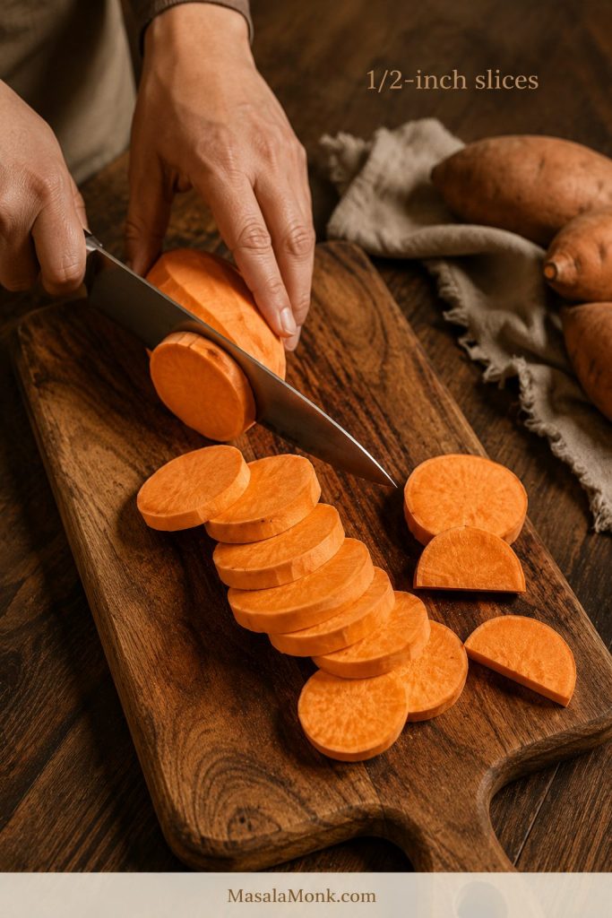 Hands slicing peeled orange sweet potatoes into half-inch rounds on a wooden cutting board.